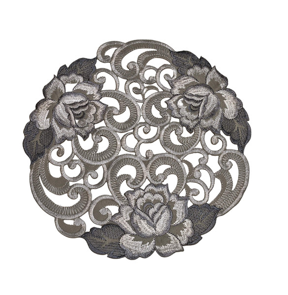 Doily Boutique Round Doily with Cutwork Gray and Silver Roses on Material Size 11 inches Doily Boutique Round Doily with Cutwork Gray and Silver Roses on Material Size 11 inches