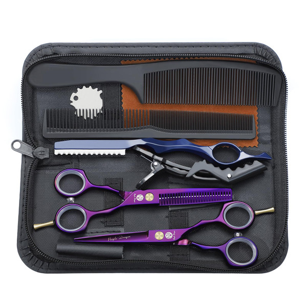 Purple Dragon 5.5 inch Hair Cutting Scissors Set with Razor, Leather Scissors Case, Barber Hair Cutting Shears Hair Thinning/Texturizing Shears for Professional Hairdresser or Home Use (Purple)