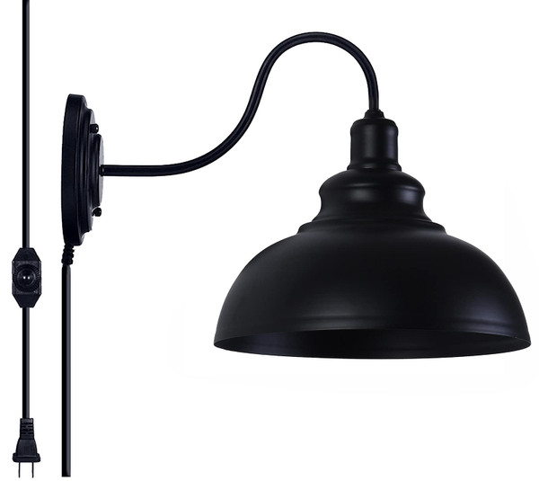 Lightess Dimmable Wall Sconce Plug in, Industrial Farmhouse Sconce with Dimmer On Off Switch, Black Barn Light Gooseneck Light Fixture, OLB11