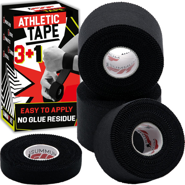 Summum Fit Black Athletic Tape Extremely Strong: 3 Rolls + 1 Finger Roll. Easy to Apply & No Residue. Sports Tape Athletic for Boxing Football Climbing or Gymnastics for Wrist Ankle & Hand Protection-1769277172
