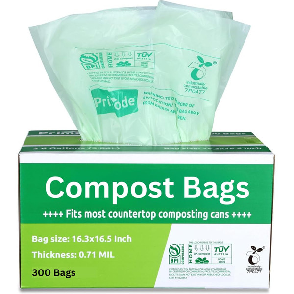 Compost Bags, Compostable Trash Bags 3 Gallon Compostable Bags 300 Count Small Compost Bags for Countertop bin Extra Thick 0.71 Mil. ASTM D6400 Certified By BPI and TÜV AUSTRIA (3 Gallon, 300 Units)