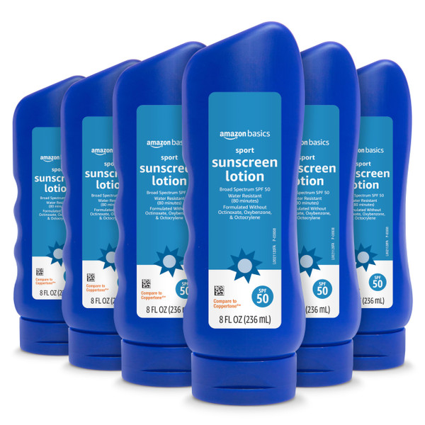 Amazon Basics Sport Sunscreen Lotion SPF 50, Water Resistant (80min), Formulated without Octinoxate & Oxybenzone, Broad Spectrum UVA/UVB Protection, Unscented, 8 fl oz, 6-Pack