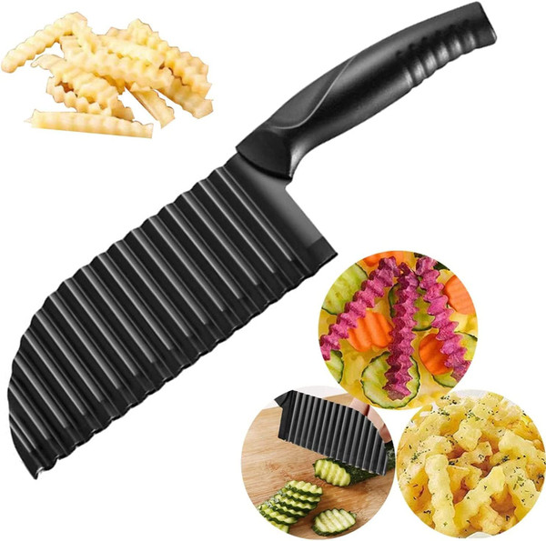 YukaBa Crinkle Potato Cutter 2.9" x 11.8" Stainless Steel Waves French Fries Slicer Handheld Chipper Chopper, Vegetable Salad Chopping Knife Home Kitchen Wavy Blade Cutting Tool, Black (1 Pack)-1769280582