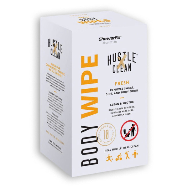 Hustle Clean Body Wipes 9''x8'', Disposable Bathing Wipes For Adults, No Rinse, With Aloe Vera & Vitamin E, Fresh Scent, 10 Individually Wrapped Wipes