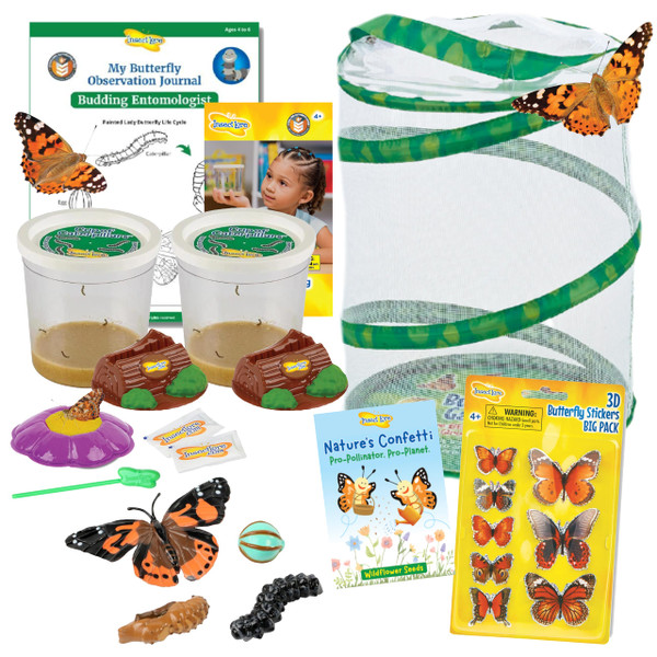 Insect Lore Butterfly Garden Kit with Live Caterpillars – Grow 10 Painted Lady Butterflies - STEM Learning Activity, Habitat with Journal, Stickers, Seeds & Figurines - As Seen on TV