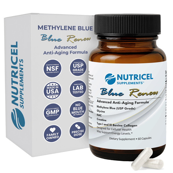 Nutricel Methylene Blue Capsules with Added Glycine + NAC (GlyNAC), Collagen, and Creatine - Trusted Made in America Brand - 7mg (USP Reference Compliant) - Third Party Tested (60ct)