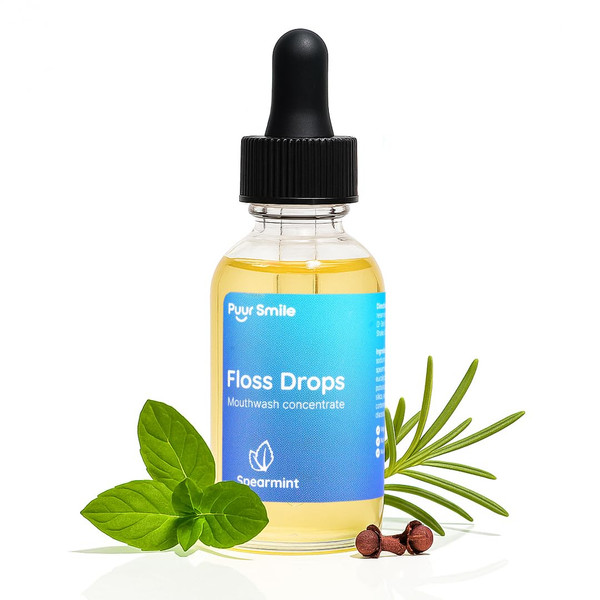 Puur Smile Concentrated Floss Drop Serum – 2oz Concentrated Mouth Wash to Use in Water Flosser | Natural Essentials Promotes Good Breath | Organic Spearmint Drop Supports Good Oral Health