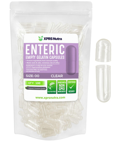 XPRS Nutra Size 00 Empty Capsules - 100 Count Clear Enteric Coated Empty Gelatin Capsules - Delayed Release Pills - DIY Capsule Filling - Pure Bovine Empty Enteric Gel Caps