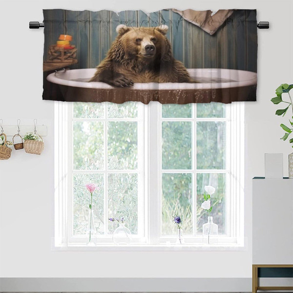 XING7DAY Black Bear Pocket Top Tier Valance Window Curtain Set, Farmhouse Cabin Bear in Bathtub Wild Animal Light Filtering Panel for Kitchen, Bathroom, Living/Bedroom, 54x18inch, 1Pcs