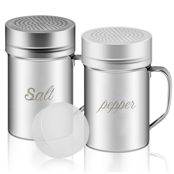 ZERUIDM Stainless Steel Salt and Pepper Shakers Set, 14 OZ Seasoning Spice Shaker with Lid and Handle 127 Holes, Metal Dredge Shaker for Powder Sugar Cooking Kitchen Baking (2 Pieces)
