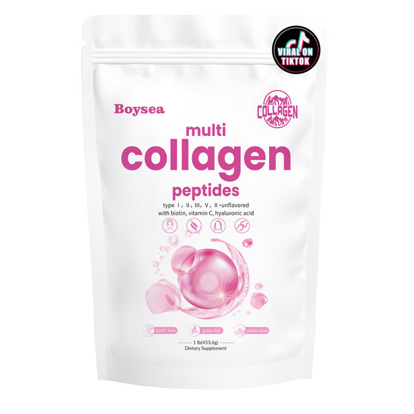 Boysea.Multi-Collagen Peptides Powder - Hydrolyzed Protein Peptide Types I, II, III, V, X with Biotin & Vitamin C, Supports Skin, Hair, Nail, and Joint, Unflavored, Non-GMO, Gluten-Free, Easy Mix 1LB