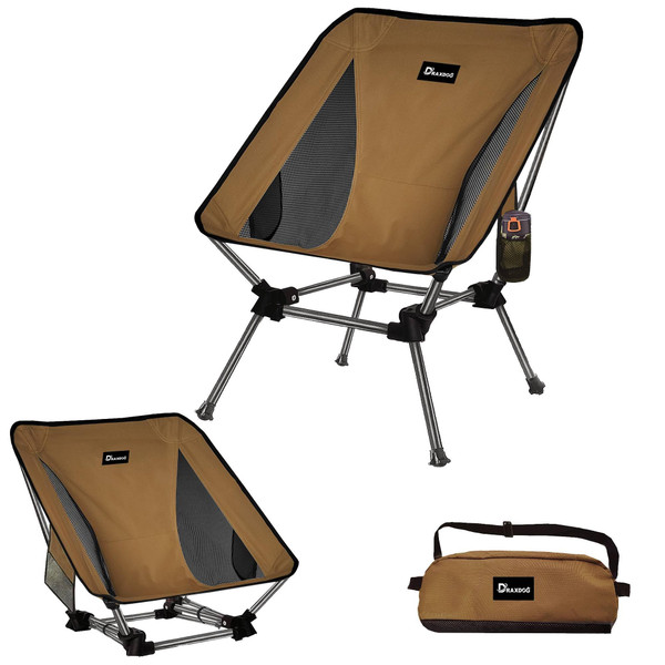 DRAXDOG Compact Backpacking & Beach Folding Chair - Lightweight, Portable, Side Pocket, Coffee Color