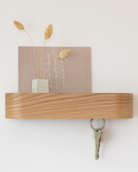 Kazai. Key Holder 'Toke' | Minimalist Key Hook Design from Berlin | Modern Key Holder Wall Mount with Wooden Shelf | Key Rack for Wall as Entryway Organizer | Oak