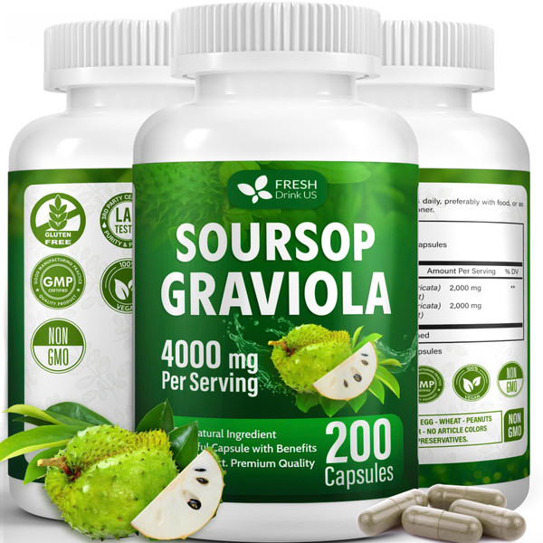 FRESHDRINKUS, Premium 200 Soursop Capsules, 4000mg per Serving, 100 Days Supply – 100% from Natural Soursop Graviola Fruits and Leaves Extract, Vegan Capsules, Non-GMO, Gluten-Free.