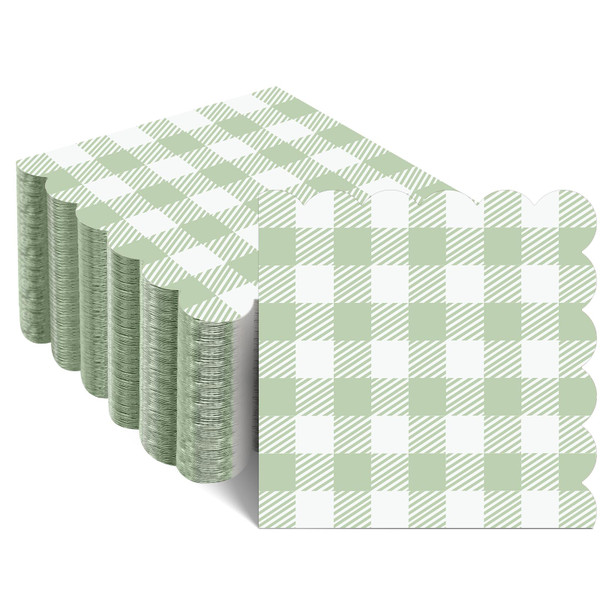 Xiangqu 120 Pcs Green Gingham Napkins, Disposable Sage Green Napkin Scalloped Green Baby Shower Cocktail Napkins Paper Plaid Napkin for Picnic, Wedding, Baby & Bridal Shower,5 x 5 Inches