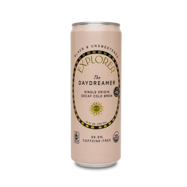 Explorer Daydreamer Ready-to-Drink Organic Cold Brew Decaf Coffee, 99.9% Caffeine-Free, Black, Unsweetened, and Fair Trade, 12 fl oz (Pack of 12)