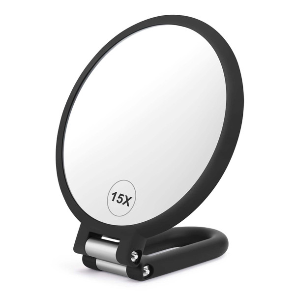 CLSEVXY Magnifying Handheld Mirror Double Sided, 1X 15X Magnification Hand Mirrors, Travel Folding Hand Held Mirror, 360°Rotation Pedestal Makeup Vanity Mirror