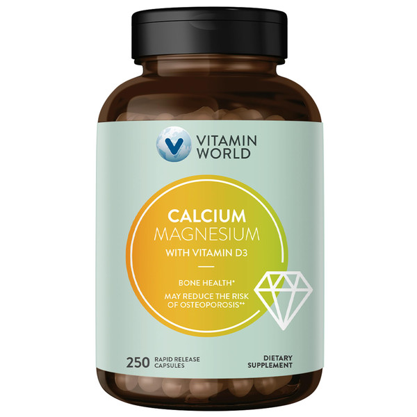 Vitamin World Calcium Magnesium with Vitamin D3, Bone Health, Muscle & Nerve Function Support, with Calcium 1000mg, Magnesium 500mg, Rapid-Release, Gluten & Dairy Free, 250 Capsules Vitamin World Calcium Magnesium with Vitamin D3, Bone Health, Muscle & Nerve Function Support, with Calcium 1000mg, Magnesium 500mg, Rapid-Release, Gluten & Dairy Free, 250 Capsules