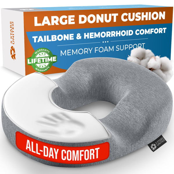 5 STARS UNITED Donut Pillow Hemorrhoid Tailbone Cushion – Large Cushion for Pain Relief – Coccyx, Prostate, Sciatica, Pelvic Floor, Pressure Sores, Pregnancy, Postpartum Recovery, Gray
