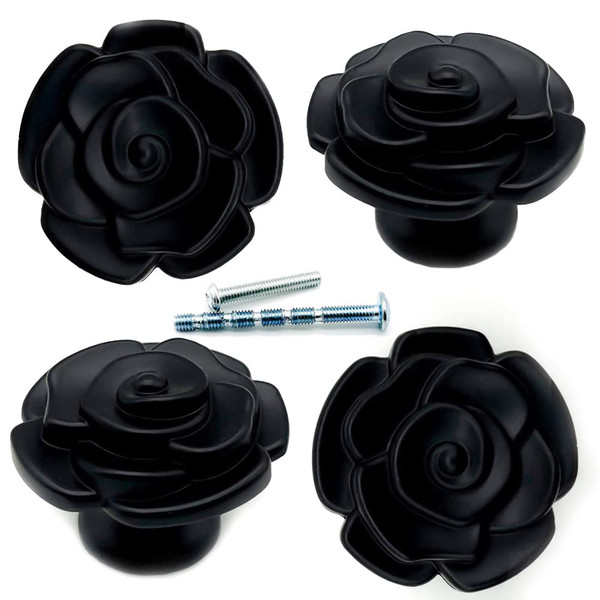 YOUYOUULU 4Pcs Antique-Black-Rose-Drawer-Knobs, Mid-Century-Retro-Flowers-Cabinet-Pulls, Metall-Heavy-Sturdy-Rose-Cupboard-Knob (Black)