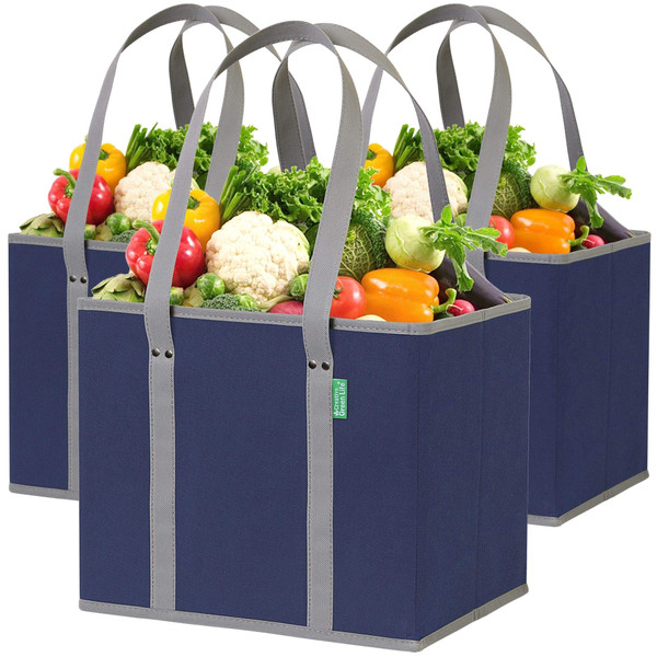 Reusable Grocery Bags (3 Pack) – Heavy Duty Reusable Shopping Bags with Box Shape to Stand Up, Stay Open, Fold Flat – Large Tote Bags are Foldable with Long Handles & Hard Bottom (Navy Blue) Reusable Grocery Bags (3 Pack) – Heavy Duty Reusable Shopping Bags with Box Shape to Stand Up, Stay Open, Fold Flat – Large Tote Bags are Foldable with Long Handles & Hard Bottom (Navy Blue)
