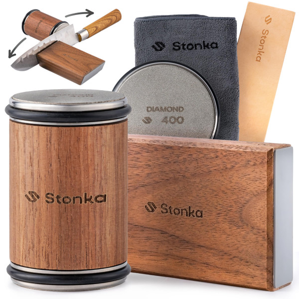Stonka Walnut Rolling Knife Sharpener Kit – Dual-Grit Diamond Wheels Kit (400/1000), Easy to Use Knife Sharpener Roller with Magnetic Holder with 15° & 20°, Leather Strap Stonka Walnut Rolling Knife Sharpener Kit – Dual-Grit Diamond Wheels Kit (400/1000), Easy to Use Knife Sharpener Roller with Magnetic Holder with 15° & 20°, Leather Strap