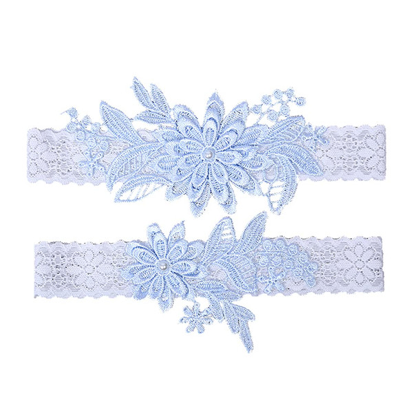 Taube Wedding Garter Set For Bride Stretchy Lace Leg Garter Floral Garters For Bride With Pearl And Rhinestones (Flower-Light blue)