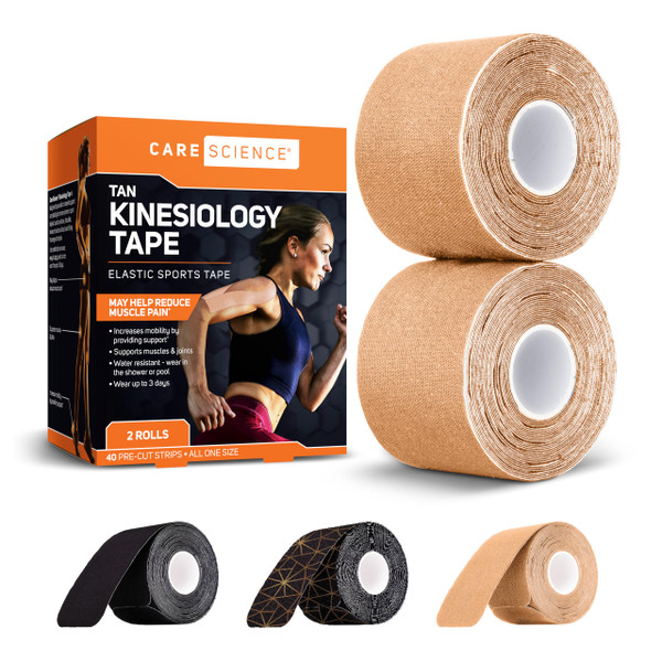 Care Science Waterproof Kinesiology Tape, Precut Water Resistant Strips, Elastic Athletic Tape for Sports & Weightlifting, Supports Muscles & Joints, Muscle Strain Relief, Tan, 2 Rolls, 40 Count