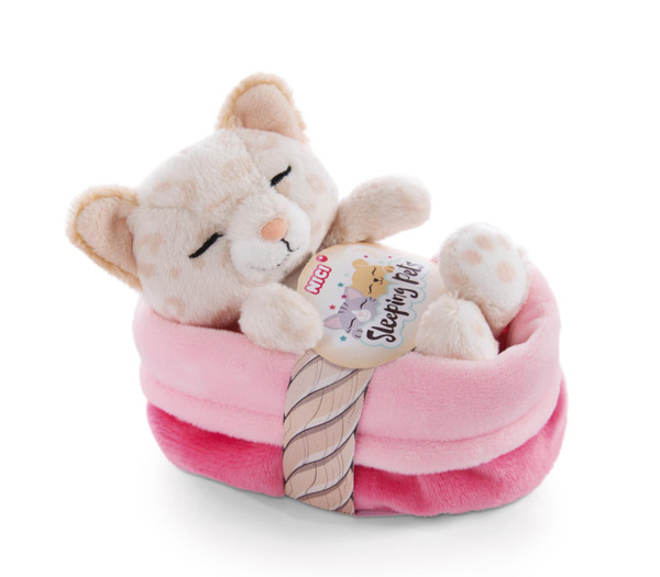 Soft Toy Kitty with Leopard Print 12cm Sleeping in Basket