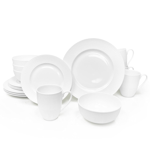 Bone China 16 Piece Dinnerware Dish Set, Service for 4, White Embossed Circle, Microwave Safe, Translucent, Elegant giftware, Essential Home, Formal and Everyday Living, Kitchen Dishes, Dinner Set