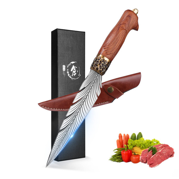 ROCOCO Feather Viking Knife Japanese Forged in Fire Boning Knife Fancy Kitchen Cleaver with Sheath Outdoor Camping BBQ Collection Birthday Thanksgiving Christmas Father Mother Gift 7"