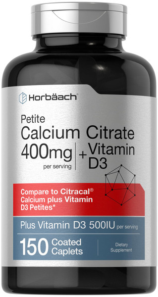 Horbaach Calcium Citrate 400mg with Vitamin D3 | 150 Petite Coated Caplets | Supplement for Men and Women | Vegetarian, Non-GMO & Gluten Free