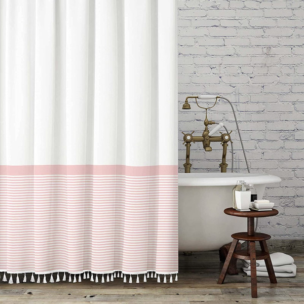 Seasonwood Pink Shower Curtain Tassel White Fabric Long Shower Curtain for Bathroom Decor,Striped Shower Curtains,84 Inch Shower Curtains Waterproof 72 x 84