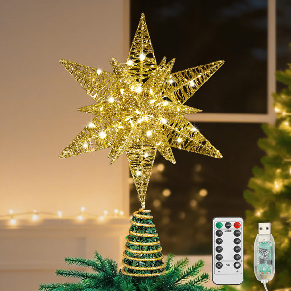 Lewondr Christmas Star Tree Topper, USB Powered Remote Controlled 11 Inch Multilayer Hexagonal Tree Toppers Christmas Decor with 8 Light Modes for Home Holiday Xmas, Timer Function, Champagne Gold