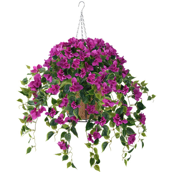 Homsunny Artificial Hanging Flowers Plants Basket for Outdoor Decoration,4 PCS Faux Silk Bougainvillea Vine Flowers Look Real UV Resistant for Outside Porch Patio Yard Garden Decor (Purple)
