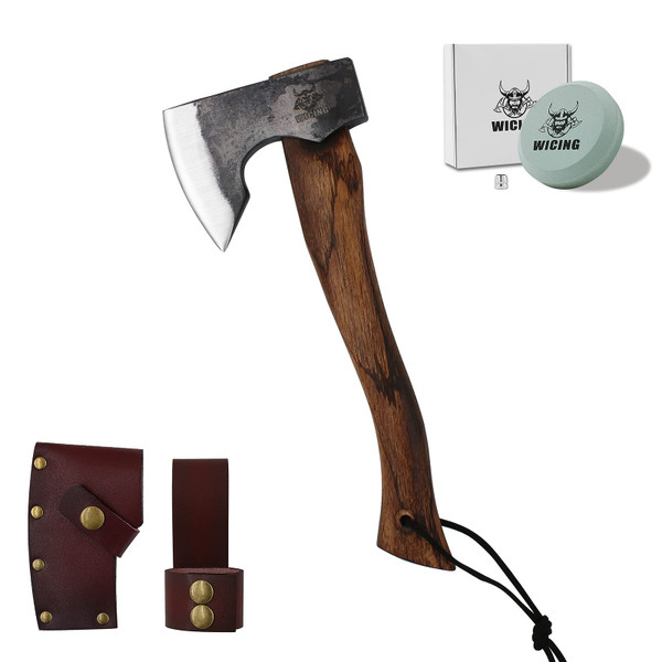 WICING 13.5 Inch Hatchet, Camping Axes and Hatchets 1065 Carbon Steel and Beech Handle, with Leather Sheath WICING 13.5 Inch Hatchet, Camping Axes and Hatchets 1065 Carbon Steel and Beech Handle, with Leather Sheath