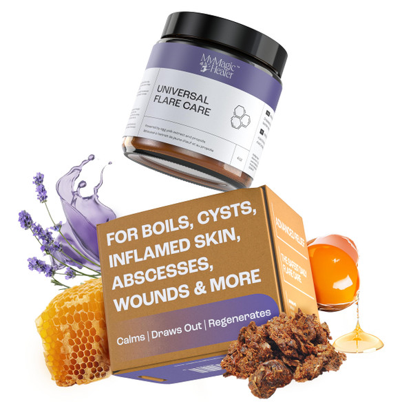 MyMagicHealer Universal Flare Care | Drawing Salve for HS, Boils, Cysts, Hemorrhoids, Pilonidal Cyst, Abscess | Anti-Chafing, Wound Care, Relief for Itching Skin w/Propolis & Egg Yolk Extract 4 oz