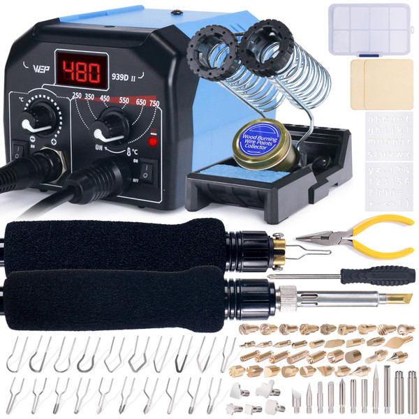 WEP 939D-II 2-IN-1 Wood Burning Kit 86-IN-1 with 51 Solid Points and 20 Wire Nibs Wood Burner with 2 Letter Number Stencils, 2 Unfinished Wood, 1 Pen Holder, Burning Tool WEP 939D-II 2-IN-1 Wood Burning Kit 86-IN-1 with 51 Solid Points and 20 Wire Nibs Wood Burner with 2 Letter Number Stencils, 2 Unfinished Wood, 1 Pen Holder, Burning Tool