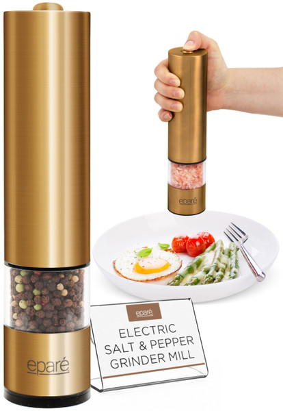 Eparé Brass Salt and Pepper Mill - Battery Operated Gold Pepper Grinder with Ceramic Burr - Automatic Steel Peppermills With LED Light - Gold or Brass Color