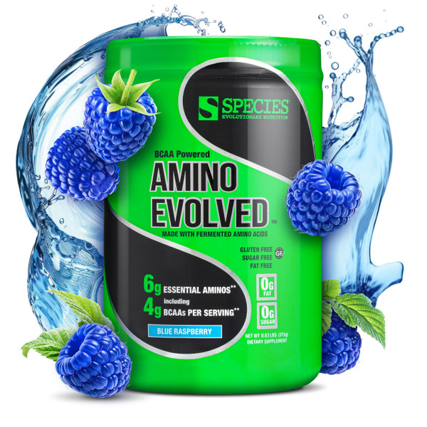Species Nutrition Amino Evolved EAA & BCAA Powder, Fermented Branched Chain Amino Acids, Muscle Recovery & Endurance, Pre & Post Workout Supplement (Blue Raspberry, 30 Servings)