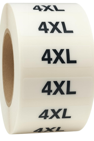 4XL Clothing Labels – Clear Size Strip Stickers with Black Text, 1.25 x 5 Inch Adhesive Labels, 125 Total Stickers for Retail Apparel, Clothing Organization, and Inventory – Made in The USA