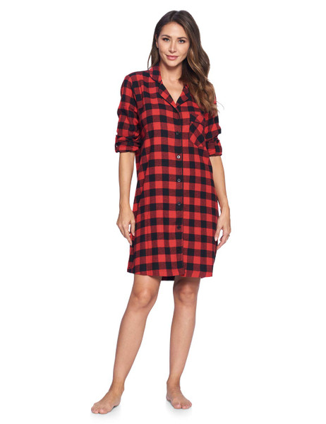 Ashford & Brooks Women's Flannel Plaid Sleep Shirt Button Down Nightgown - Red Buffalo Check - Large