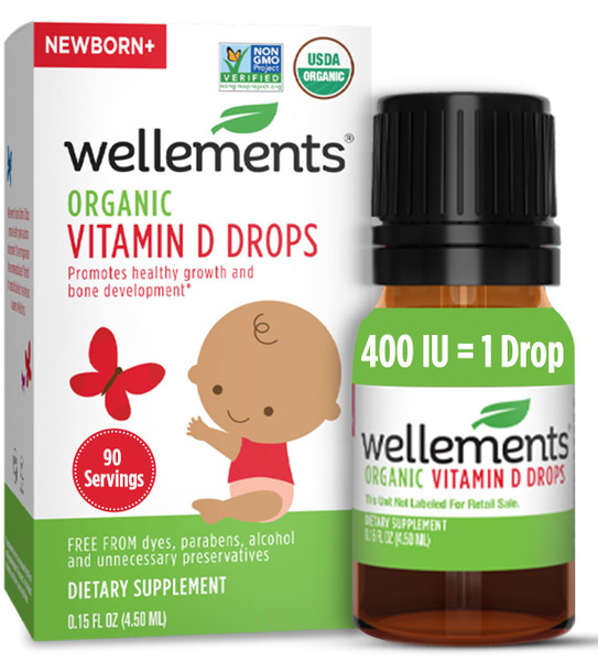 Wellements Baby Organic Vitamin D Drops for Infants & Toddlers (90-Day Supply) - Certified Newborn+ Liquid Vitamin D3 Drops, Support Healthy Growth & Bone Development 400 IU per Drop (1 Drop Daily)