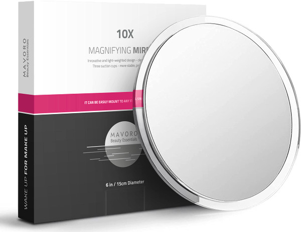 Mavoro 6'' Magnifying Mirror with 3 Strong Suction Cups | 10X Magnification | Portable Travel Makeup & Cosmetic Mirror (10X)