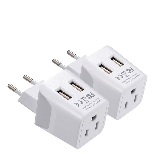 Ceptics European, Egypt Travel Adapter Plug with Dual USB - Type C - Europe - Usa Input - Light Weight - Perfect for Cell Phones, Chargers, Cameras and More - 2 Pack