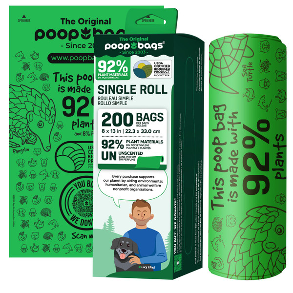 The Original Poop Bags® 92% Plant-Based Dog Waste Bags, USDA Certified Biobased, Extra-Large & Leak-Proof, Single Bulk Roll (200 Count (Pack of 1))