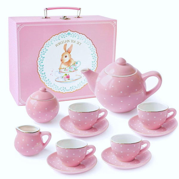 Jewelkeeper Tea Set for Little Girls - 14-Piece Porcelain Tea Party Set for Children Includes Teapot, Cups, Saucers, Creamer, and Sugar Bowl - Pink Polka Dot Design