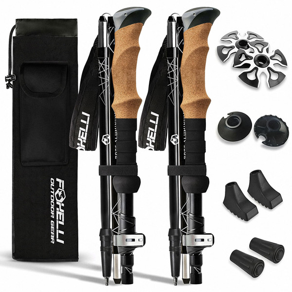 Foxelli Lightweight Trekking Poles – Compact Walking Sticks with Quick Locks, Ergonomic Cork Grip & All-Terrain Accessories – Adjustable Collapsible Poles for Travel & Hiking