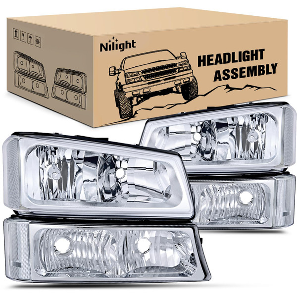 Nilight Headlight Assembly for 2003 2004 2005 2006 Chevy Silverado Avalanche 1500 1500HD 2500 2500HD 3500 Chevrolet Pickup Replacement Headlamp Housing Bumper Lamp Set