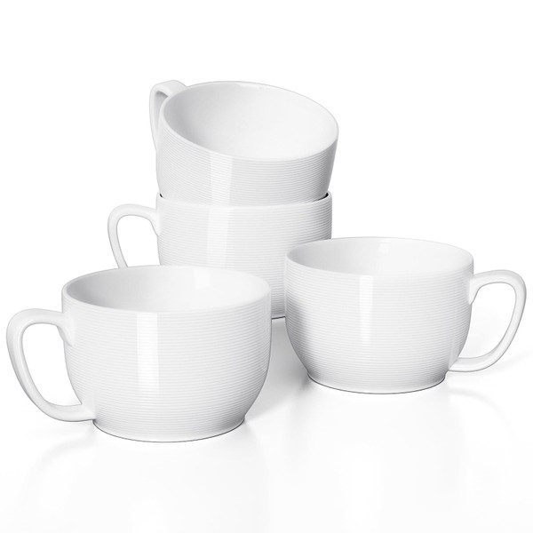 Teocera Soup Mugs with Handles, White Coffee Mugs Set of 4, Large Soup Cups - Striped Design - 24 Ounce Porcelain Jumbo Mugs Bowls for Coffee, Oatmeal, Hot Cocoa, Cereal